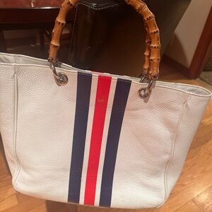 Mark & Graham White Leather Tote with Navy & Red Center Stripes, Bamboo Handles
